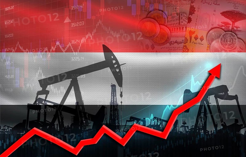 Oil production with Yemen flag, petrol industry. Oil pumps with Yemeni flag