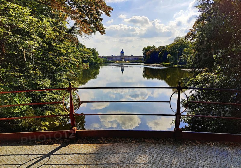 Charlottenburg Palace Gardens, also known as Palace Park, view from the bridge over the carp pond to Charlottenburg Palace, Berlin, Germany