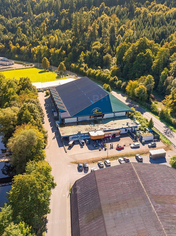 Industrial building in the forest next to a road, large car park, shady areas, green surroundings, Polarion ice stadium, Bad Liebenzell, Black Forest, Germany