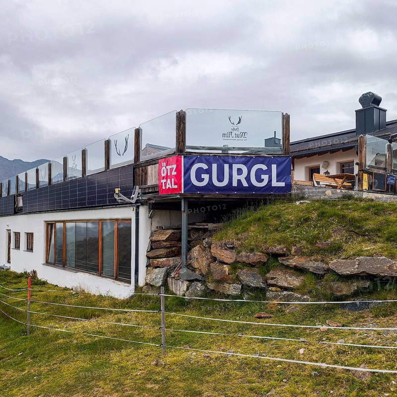 Mountain restaurant Hohe Mut Alm on the mountain pasture of the same name in Gurgl, Tyrol, Austria, for editorial use only
