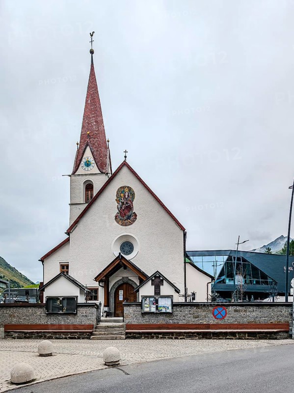 Austria's highest parish church, the Church of St. John Nepomuk in the centre of Obergurgl, Sölden, Ötztal, Tyrol, Austria, for editorial use only