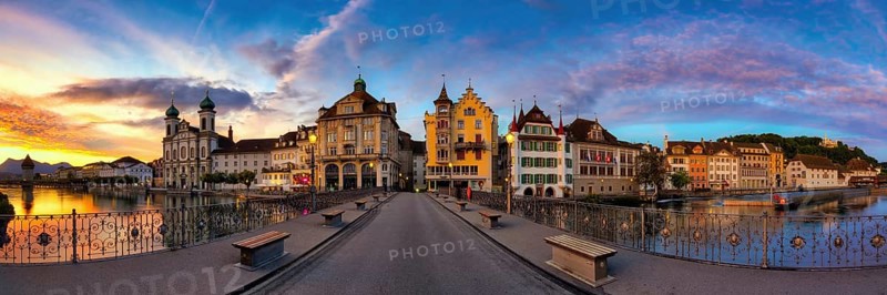 Panorama from the Reuss Bridge to Lucerne's Old Town with Jesuit Church at dawn, Canton of Lucerne, Switzerland
