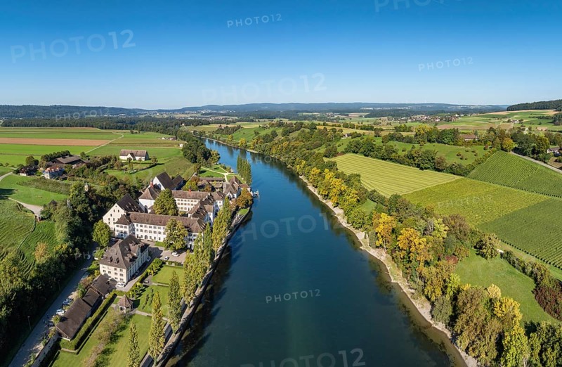 Aerial view, panorama of the former convent of the Dominican nuns St. Katharinental am Rhein near Diessenhofen, Willisdorf, Canton Thurgau, Switzerland