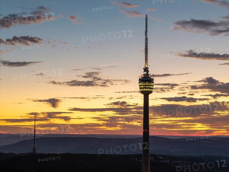 Close-up of an illuminated television tower at dawn, Stuttgart-Degerloch, Baden-Württemberg, Germany