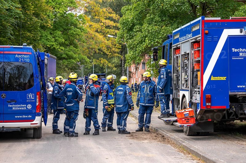 Rescue and recovery of people after a drone attack on residential buildings in a civil defence scenario, in which access is partly possible via wall breakthroughs or upper floors, FÜLEX25, of the THW, Technisches Hilfswerk, Landesverband North Rhine-Westphalia, on 4 weekends over 3500 volunteers from the 127 North Rhine-Westphalia local associations practice many different deployment scenarios from the field of disaster control and civil defence