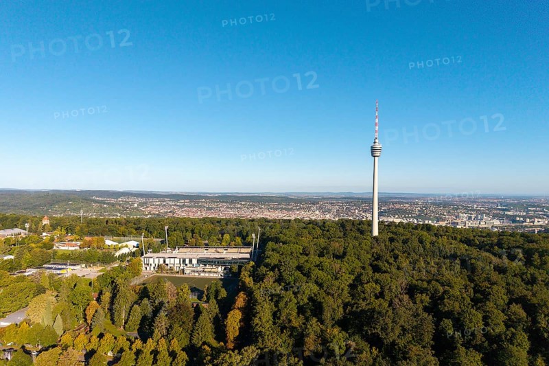 Stuttgart television tower stands above a forest with a sweeping city view in the background, Gazi Stadium, Stuttgart, Baden-Württemberg, Germany