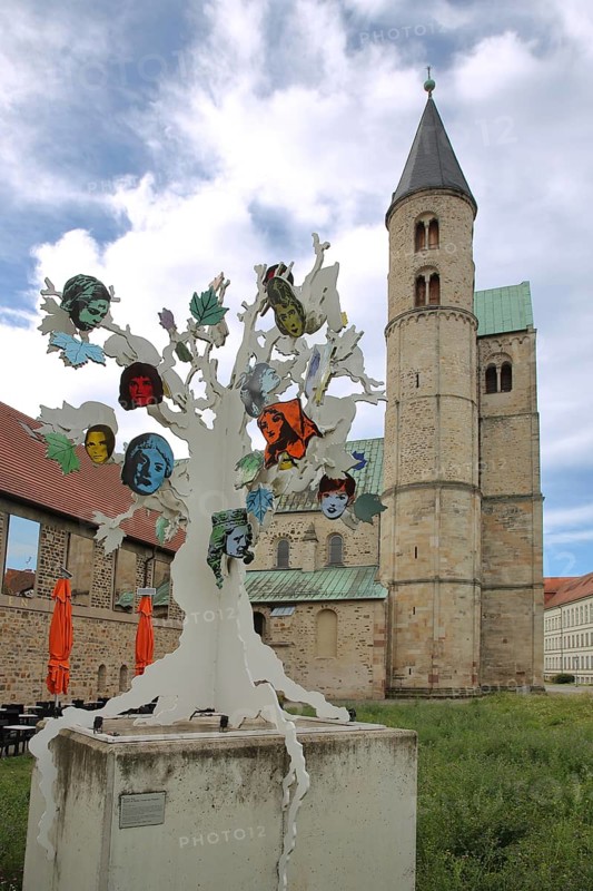 Sculpture Island of Dolls by Alicia Paz 2017, tree figure, female, faces, Modern Art, Abstract Art, Sculpture Park, Romanesque, Church, Monastery of Our Lady, Art Museum, Magdeburg, Saxony-Anhalt, Germany