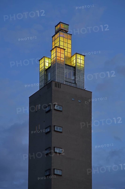 Albinmüller Tower built in 1927 by architect Albin Müller, spire with illumination during twilight, night shot, Albinmüller Tower, Rotehorn, municipal park, Rotehornpark, Magdeburg, Saxony-Anhalt, Germany