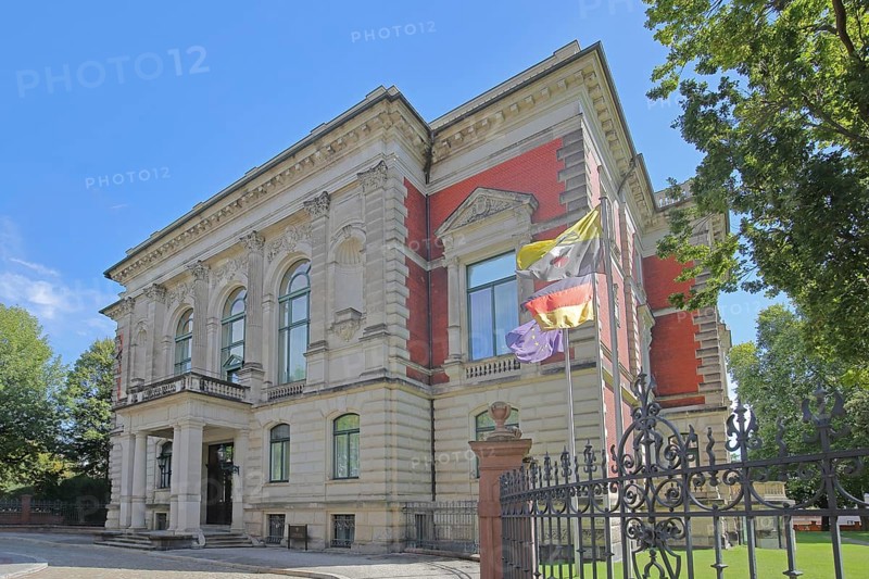 Palais am Fürstenwall built in 1893, today's seat of government of the Saxony-Anhalt Prime Minister, EU flag, German national flag, state flag, Magdeburg, Saxony-Anhalt, Germany