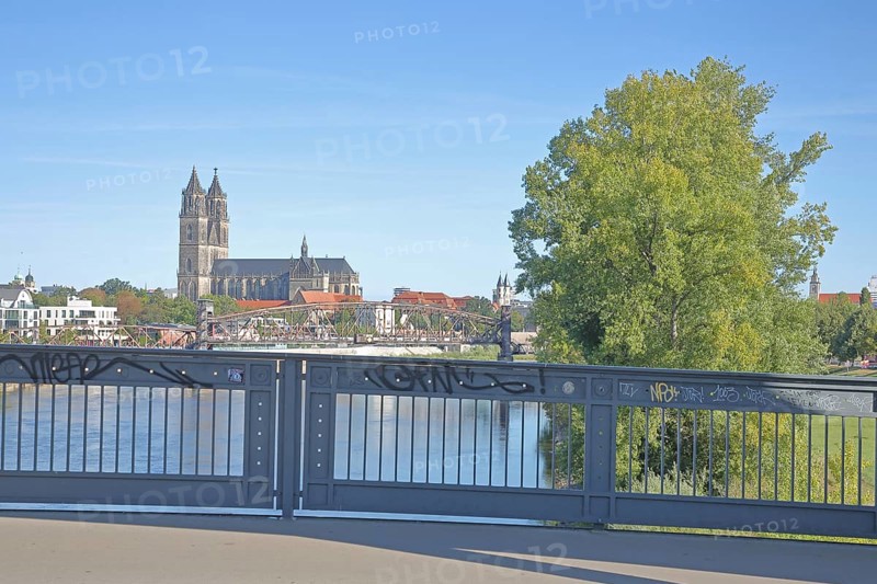 Railing of the lift bridge, Gothic Magdeburg Cathedral of St Mauritius and St Katharina, church, bridge railing, cityscape, arched bridge, Magdeburg, Saxony-Anhalt, Germany