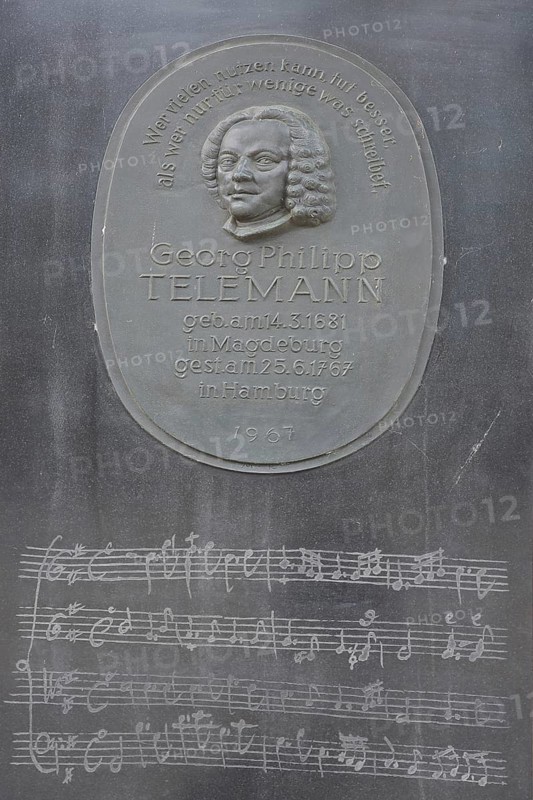 Telemann stele with relief of the composer Georg Philipp Telemann, inscription, bronze, text, memorial plaque, musical notes, score, musical notation, Telemann stele, Magdeburg, Saxony-Anhalt, Germany