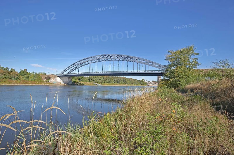 Star bridge over the Elbe, Elbe riverbank, arch bridge, steel construction, Rotehornpark, park, municipal park, Rotehorn, Magdeburg, Saxony-Anhalt, Germany