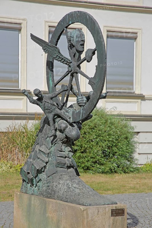 Sculpture Space Time Matter by Heinrich Apel 1988, abstract art, modern art, whimsical and bizarre bronze sculptures, physical, wheel, movement, wing, head, sculpture park, Magdeburg, Saxony-Anhalt, Germany