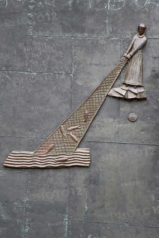 Relief with fisherman with fishing net in water at the church door, biblical parable, biblical passage, biblical quotation, Matthew 13. 47-50, symbol, sea, fishing, fish, kingdom of heaven, St Peter's, church, Magdeburg, Saxony-Anhalt, Germany