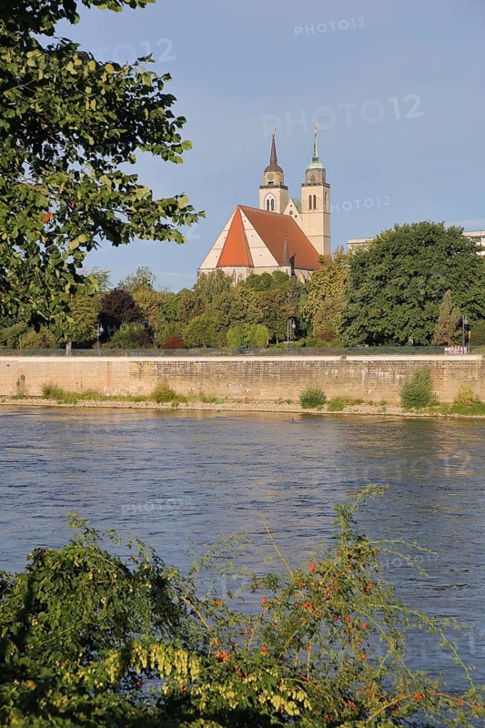 Late Romanesque St John's Church with twin towers and Elbe, Elbe riverbank, Magdeburg, Saxony-Anhalt, Germany