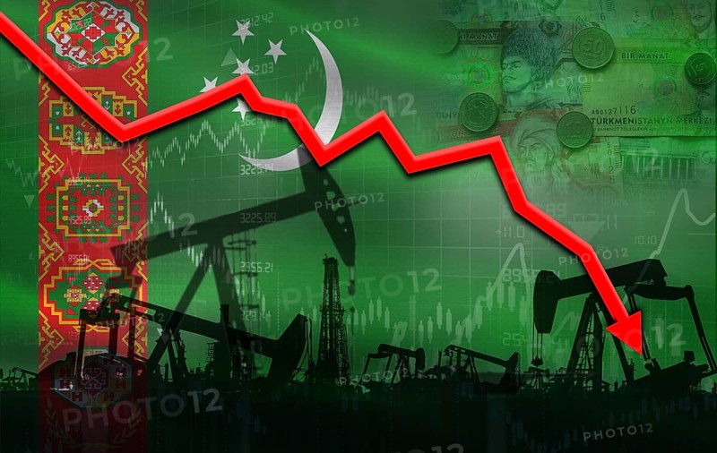 Petrol crisis with Turkmenistan flag on financial graph. Fall oil price with flag of Turkmenistan on economic chart
