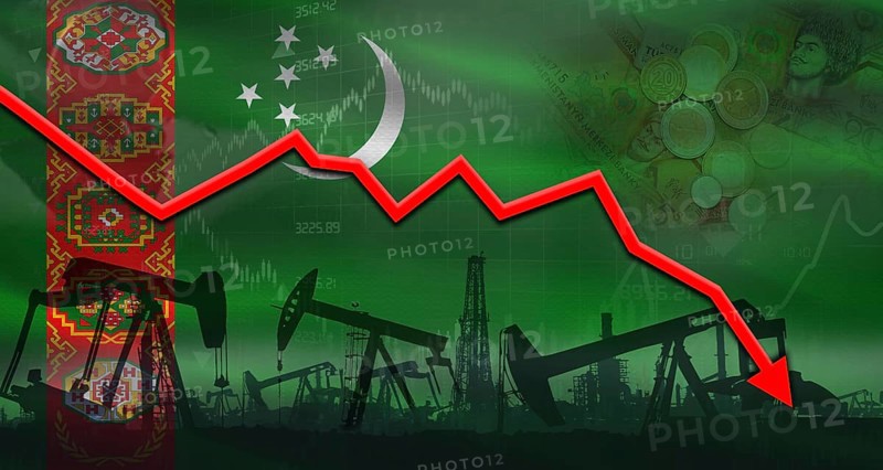 Fall oil price with flag of Turkmenistan on economic chart, Petrol crisis with Turkmenistan flag on financial graph