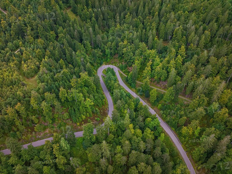 Wooded road with curves seen from a bird's eye view, Black Forest, Seebach, Germany