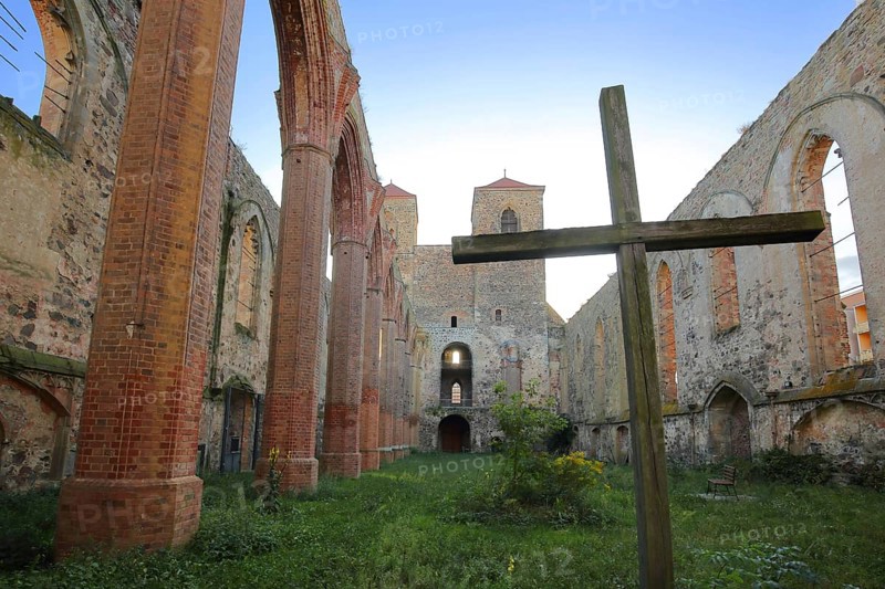 Interior view of the St. Nikolai church ruins, cross, green lawn, nature, empty, twin towers, Zerbst, Fläming, Saxony-Anhalt, Germany