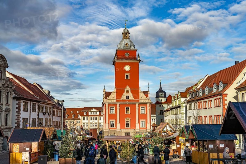 Christmas market on the main market square with the old town hall in Gotha, Thuringia, Germany