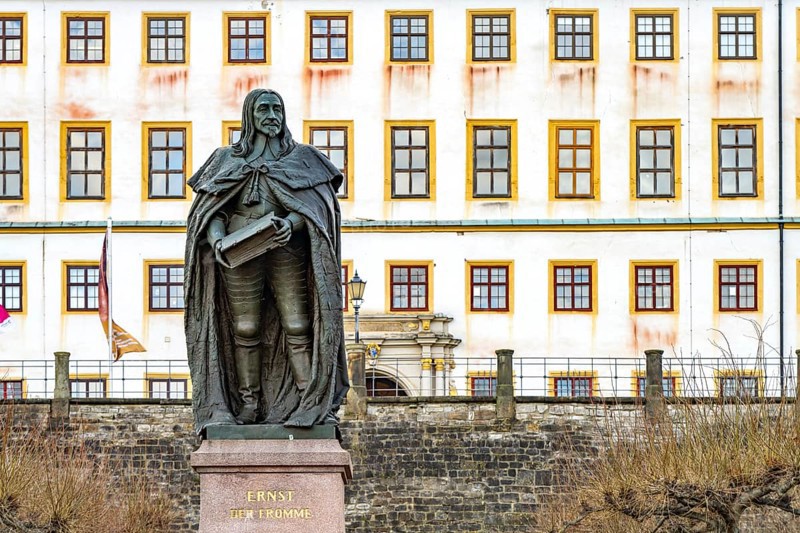 Monument to Ernest the Pious in front of Friedenstein Castle in Gotha, Thuringia, Germany