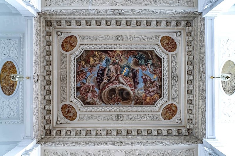 Ceiling painting in the interior of the castle church at Friedenstein Castle in Gotha, Thuringia, Germany