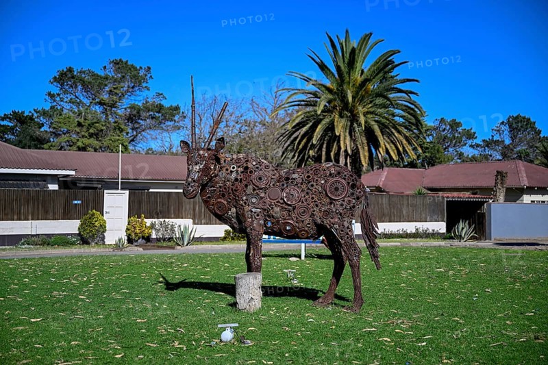Oryx sculpture by the artist Shivute in the park on 8th Street, Oranjemund, Diamond Sperrgebiet, Karas Region, Namibia