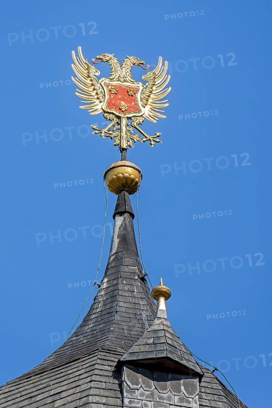 Arenberg Castle, 16th century Flemish Renaissance château showing Reichsadler, German Imperial Eagle on tower in Heverlee, Flemish Brabant, Belgium