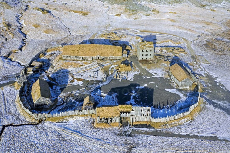 Aerial view over abandoned replica of Viking settlement, village used as film set in 2010 at Stokksnes in winter, Iceland