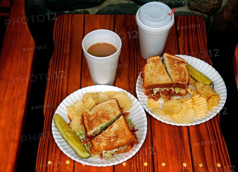 BLT, bacon, lattuce, tomato with chips and coffee in plastic cups, served in a diner, Marksboro, New Jersey, USA