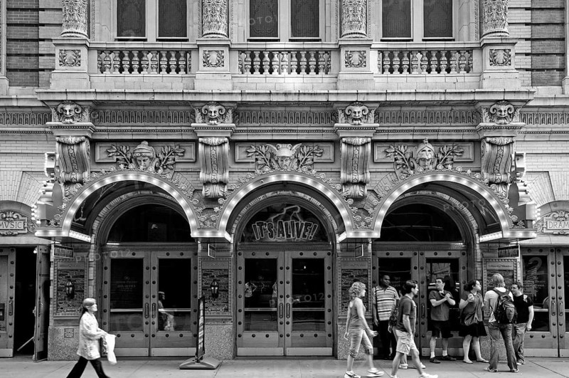Entrances from the historic Hilton Theatre in Mahatten, black and white, New York City, USA
