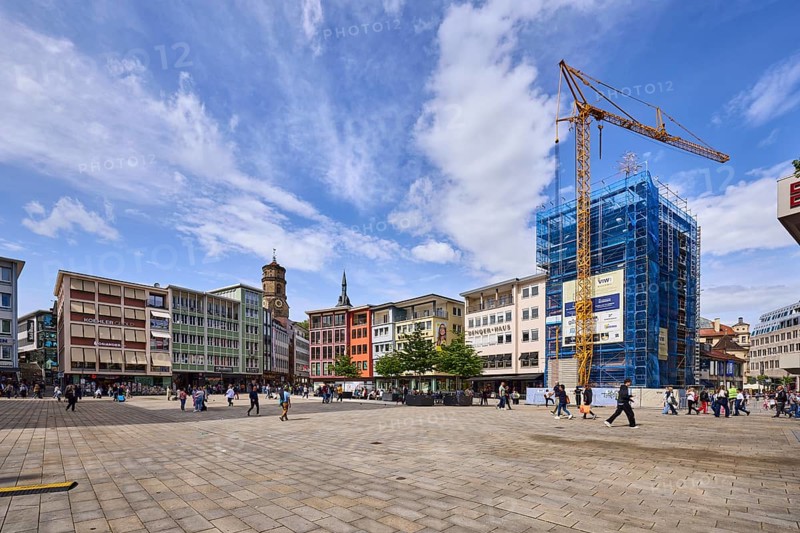 Square, construction site, scaffolding, crane, general architecture, paving slabs, pedestrians as accessories, blue sky, cumulus clouds, cirrostratus clouds, market square, Stuttgart, state capital, city district of Stuttgart, Baden-Württemberg, Germany