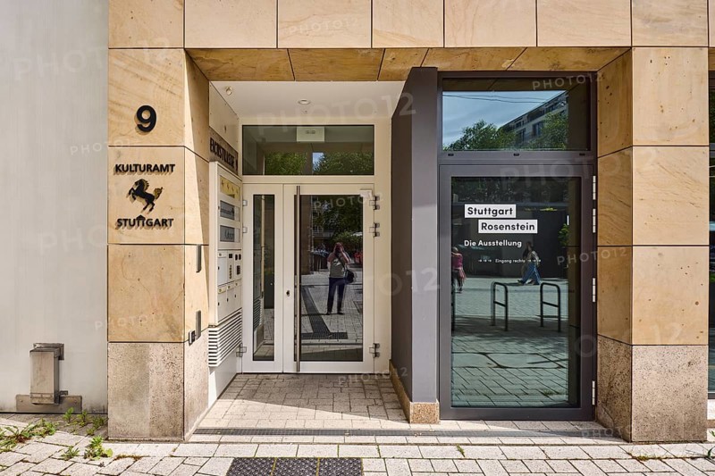 Cultural office, entrance, sign, pedestrian zone, sunny, Eichstraße, Stuttgart, state capital, city district of Stuttgart, Baden-Württemberg, Germany