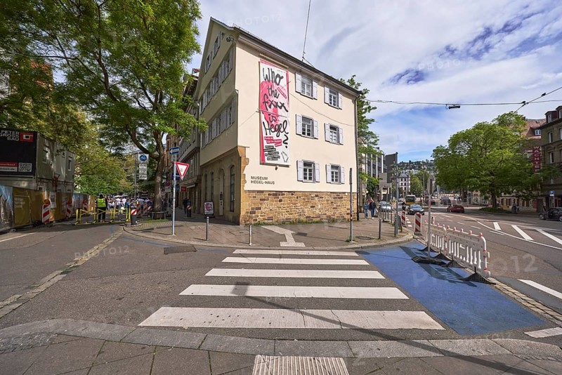 Museum Hegel-Haus, historical building, pedestrian crossing, zebra crossing, general architecture, trees, cloudy, diffuse light, slightly sunny, intersection Eberhardstraße with Torstraße, Stuttgart, state capital, city district Stuttgart, Baden-Württemberg, Germany