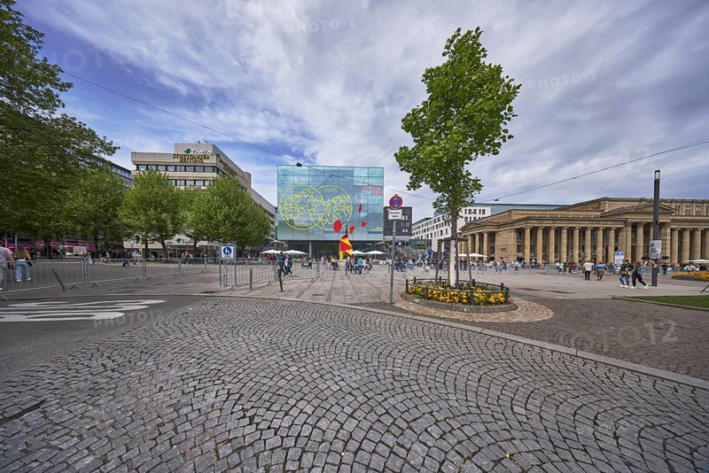 Art museum Stuttgart, pedestrian zone, modern architecture, general development, cobblestone street, trees, blue sky, cumulus clouds, diffuse light, slightly sunny, Königstraße, Stuttgart, state capital, city district of Stuttgart, Baden-Württemberg, Germany