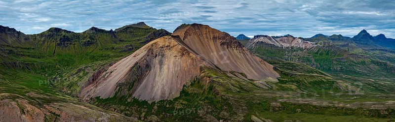 Mountains, coast, summer, aerial view, morning light, volcanic, cloudy, panorama, Faskrudsfjördur, East Fjords, Iceland