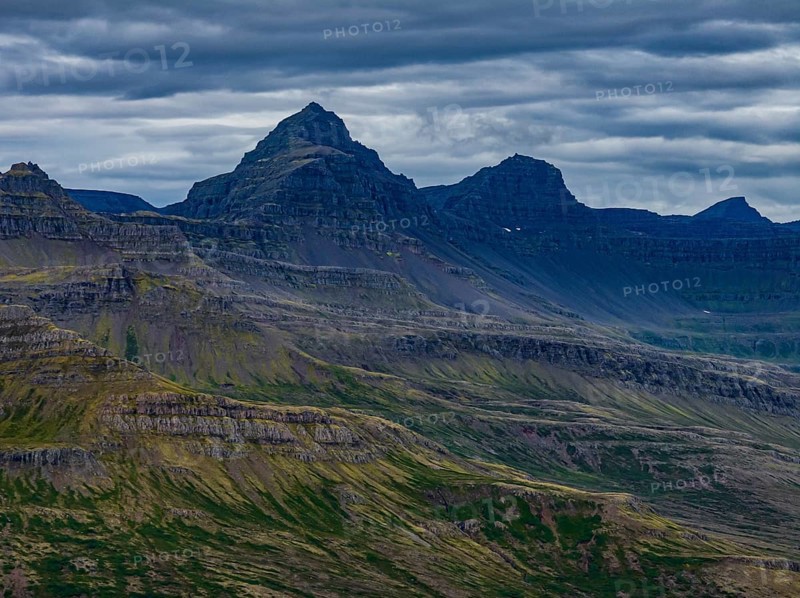 Mountains, coast, summer, aerial view, volcanic, cloudy, Faskrudsfjördur, East Fjords, Iceland