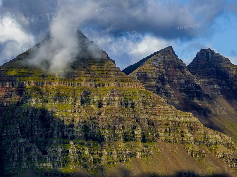 Mountains, Morning light, Coast, Summer, Aerial view, Berufjördur, Teigarhorn, East Fjords, Iceland