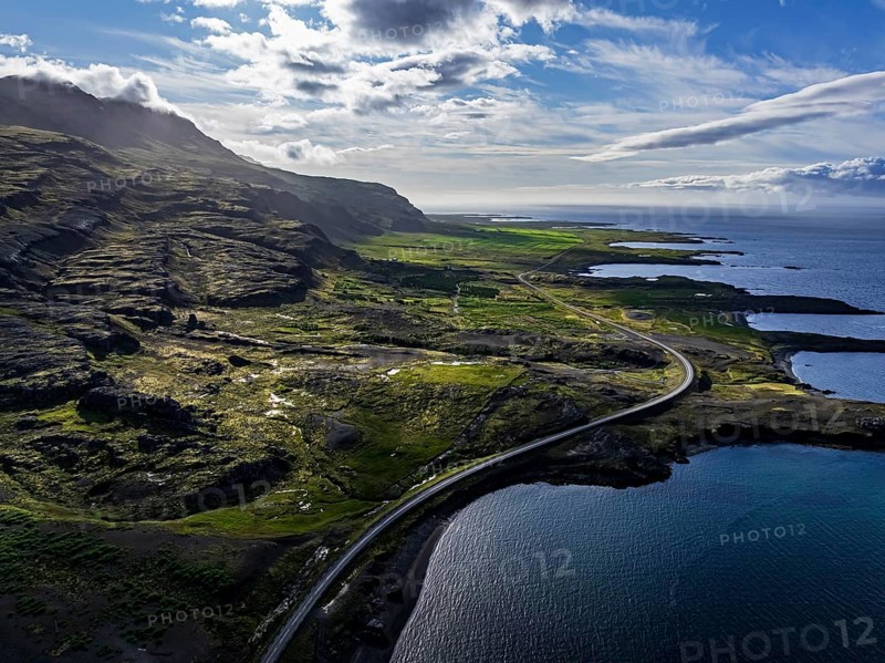 Mountains, morning light, fjord, coast, summer, road, coastal road, backlight, aerial view, Berufjördur, East Fjords, Iceland