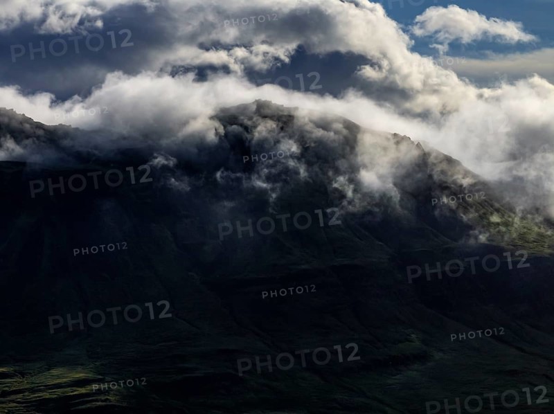 Mountains, morning light, summer, aerial view, fog, Berufjördur, East Fjords, Iceland