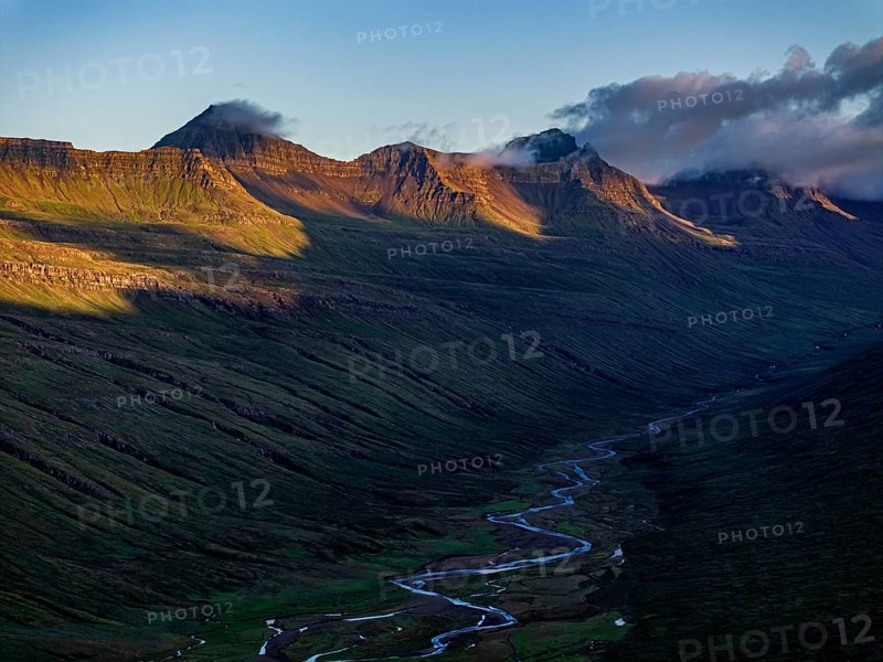 Mountains, morning light, river, river delta, river course, coast, summer, aerial view, Stodvarfjördur, East Fjords, Iceland