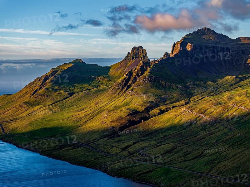 Mountains, Morning light, Fjord, Coast, Summer, Aerial view, Stodvarfjördur, East Fjords, Iceland