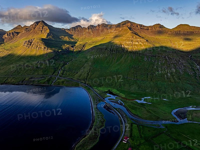 Mountains, Morning light, Fjord, Coast, Summer, Aerial view, Road, Stodvarfjördur, East Fjords, Iceland