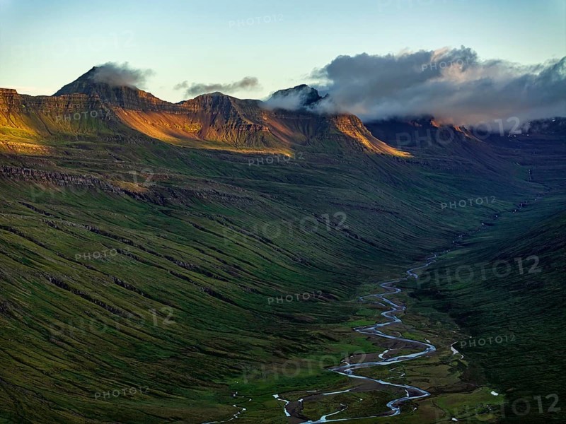 Mountains, morning light, valley, river, river course, river delta, coast, aerial view, summer, Stodvarfjördur, East Fjords, Iceland