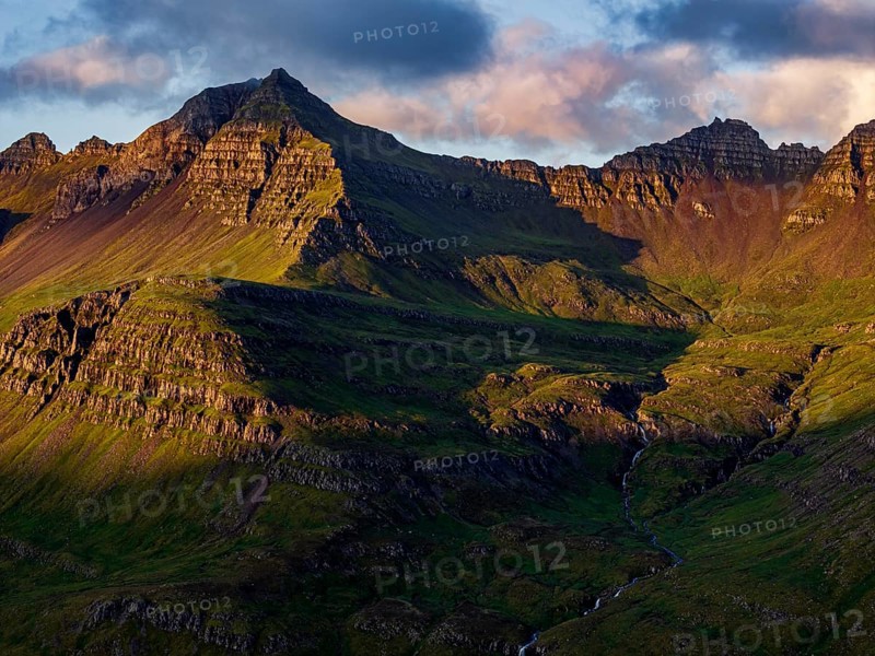 Mountains, morning light, valley, river, river course, coast, summer, aerial view, Stodvarfjördur, East Fjords, Iceland