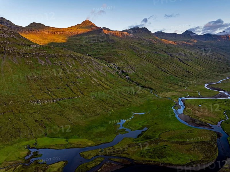 Mountains, morning light, valley, river, river course, river delta, coast, summer, aerial view, Stodvarfjördur, East Fjords, Iceland