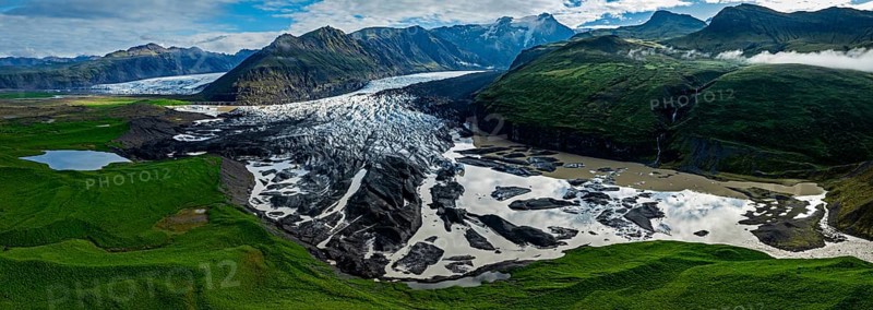 Ice floes, glacier, glacier tongue, glacier lake, sunny, cloudy, morning mood, mountains, panorama, reflection, aerial view, summer, Svinavellsjökull, Skaftafell, Vatnajökull National Park, Iceland