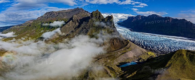 Glacier, glacier tongue, sunny, morning mood, mountains, fog, aerial view, panorama, summer, Kviarjökull, Vatnajökull, Iceland