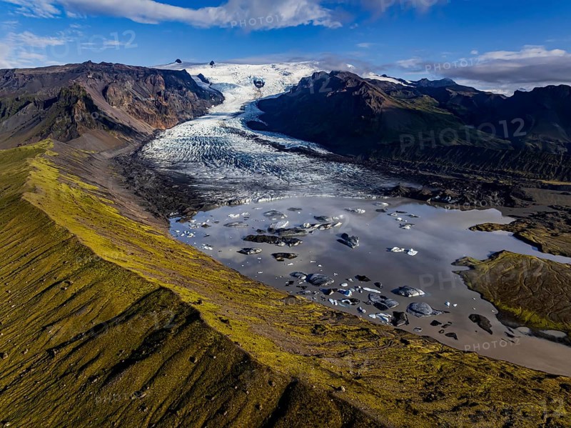 Ice floes, glacier, glacier tongue, glacier lake, sunny, morning mood, mountains, reflection, aerial view, summer, Kviarjökull, Vatnajökull, Iceland