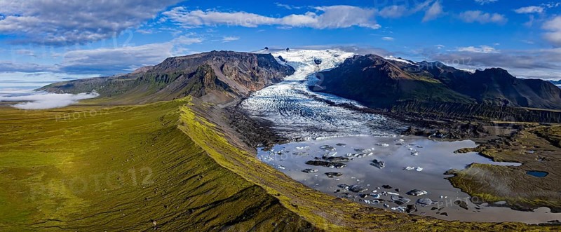 Ice floes, glacier, glacier tongue, glacier lake, sunny, morning mood, mountains, panorama, reflection, aerial view, summer, Kviarjökull, Vatnajökull, Iceland